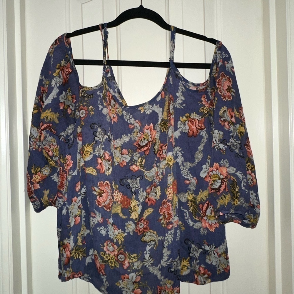 BISHOP + YOUNG BLUE ROMANTIC FLORAL BOHO COLD SHOULDER BLOUSE WOMEN'S SZ L - Picture 4 of 10